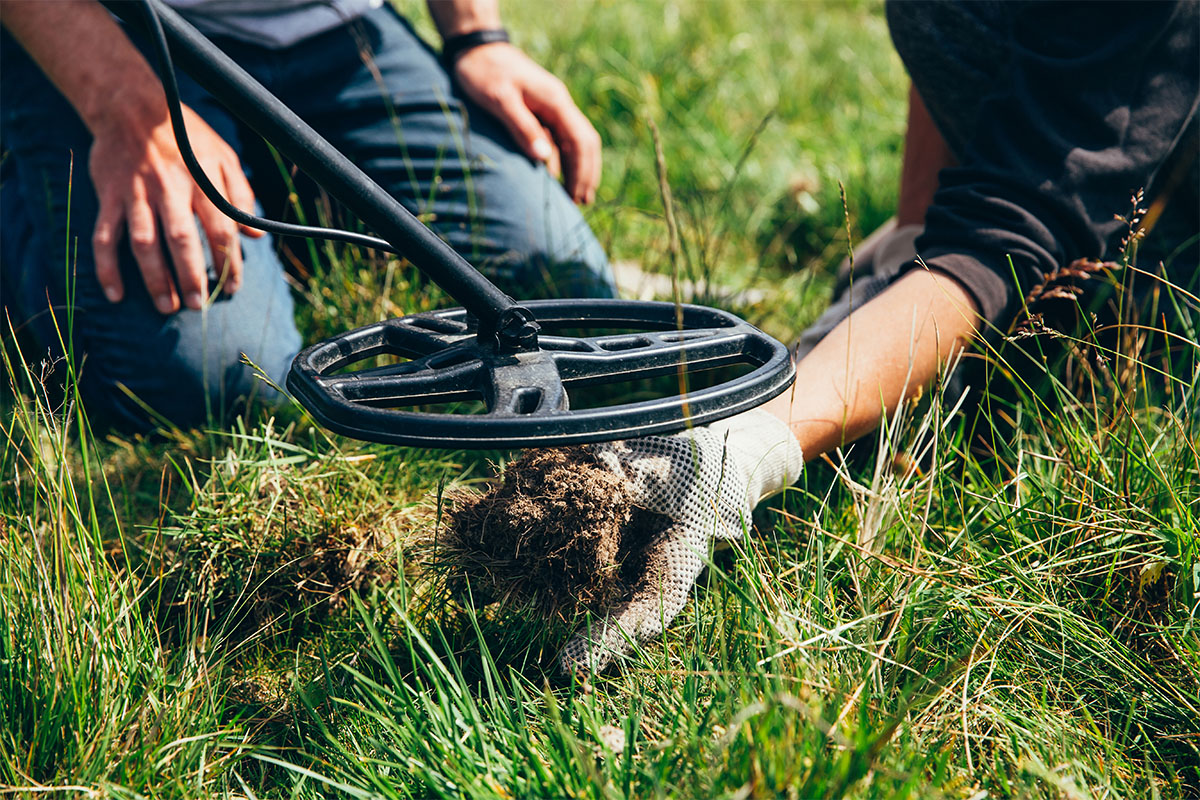 Metal detector sweeping over grass during a dig